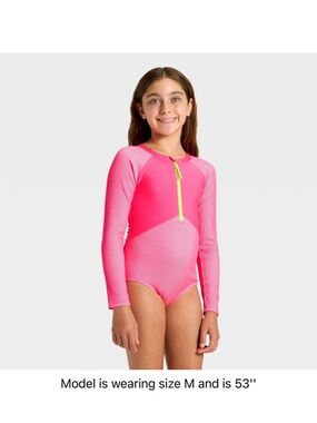 Cat & Jack Girls' Long-Sleeve Pink Rash Guard One-Piece Swimsuit